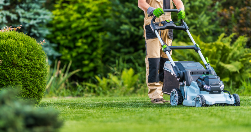 A man pushing a lawnmower on a very green yard