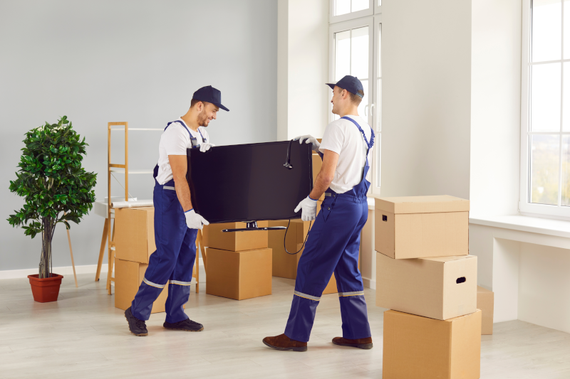 Two movers holding a tv in a room full of packed boxes